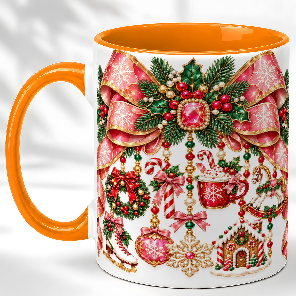 #pl[11oz|Orange] Christmas Ribbon Coffee Mug, Hanging Ornament Mug, Ceramic Cup