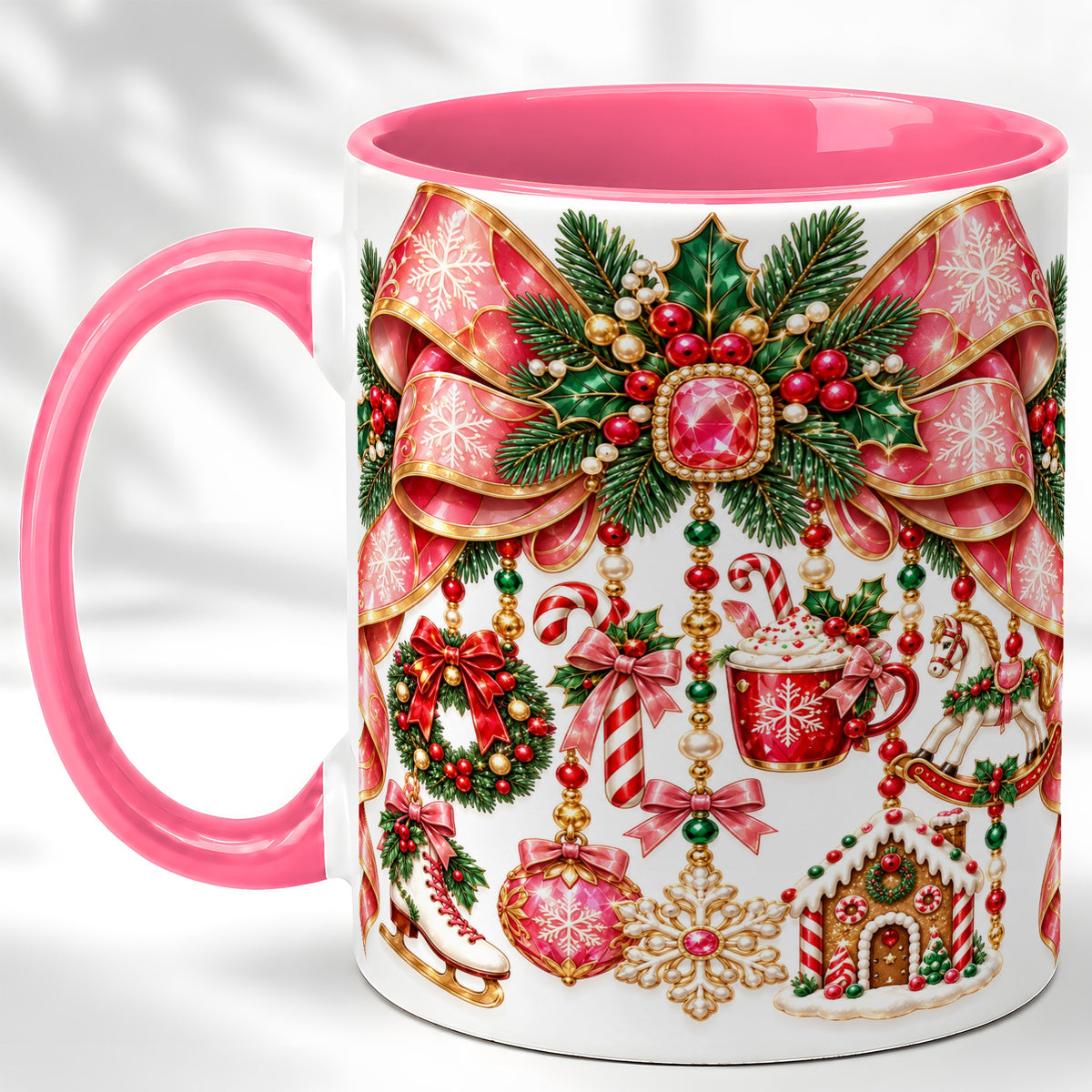 #pl[11oz|Pink] Christmas Ribbon Coffee Mug, Hanging Ornament Mug, Ceramic Cup
