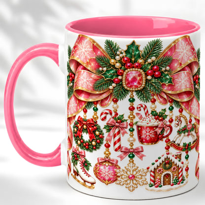 #pl[11oz|Pink] Christmas Ribbon Coffee Mug, Hanging Ornament Mug, Ceramic Cup