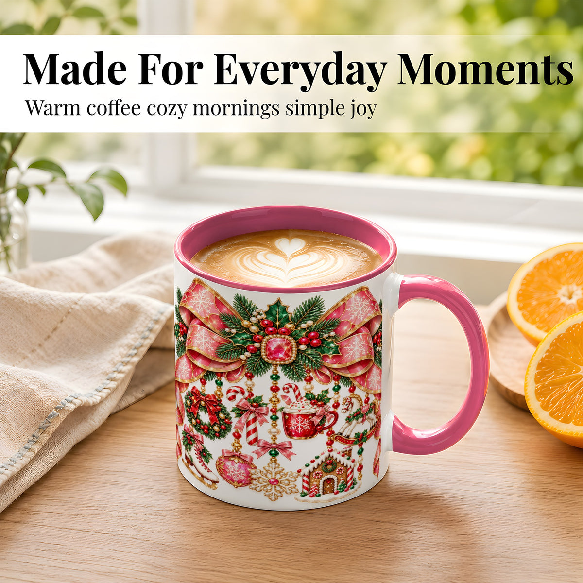 #pl[11oz|Pink] Christmas Ribbon Coffee Mug, Hanging Ornament Mug, Ceramic Cup