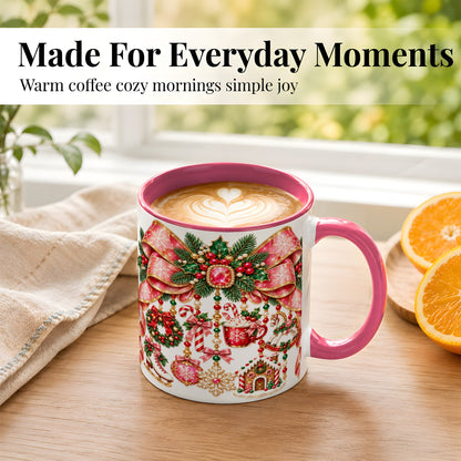 #pl[11oz|Pink] Christmas Ribbon Coffee Mug, Hanging Ornament Mug, Ceramic Cup