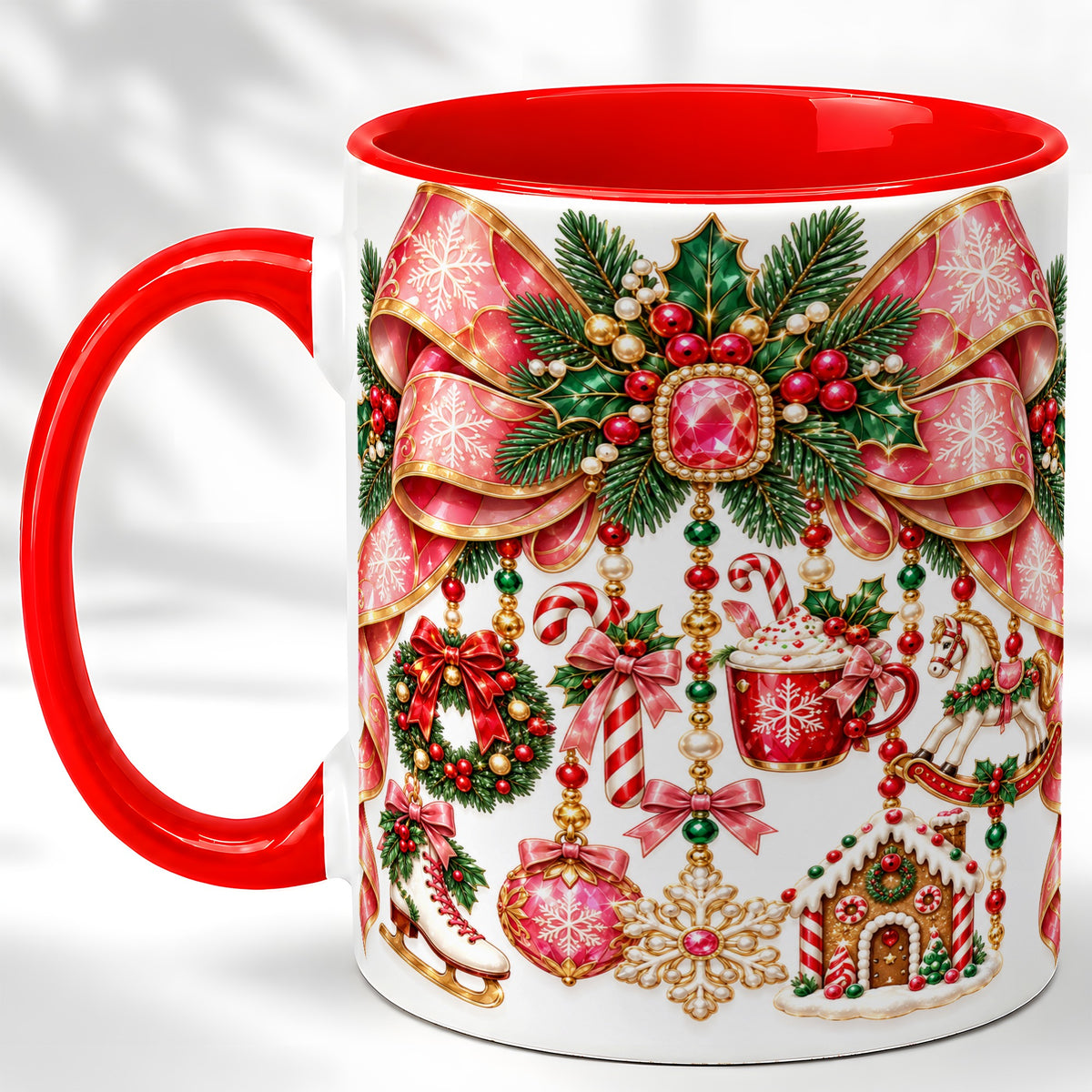 Christmas Ribbon Coffee Mug, Hanging Ornament Mug, Ceramic Cup