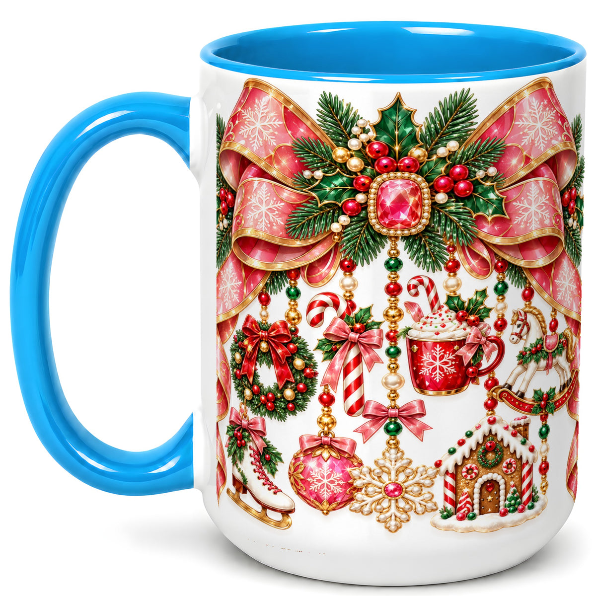 #pl[15oz|Blue] Christmas Ribbon Coffee Mug, Hanging Ornament Mug, Ceramic Cup