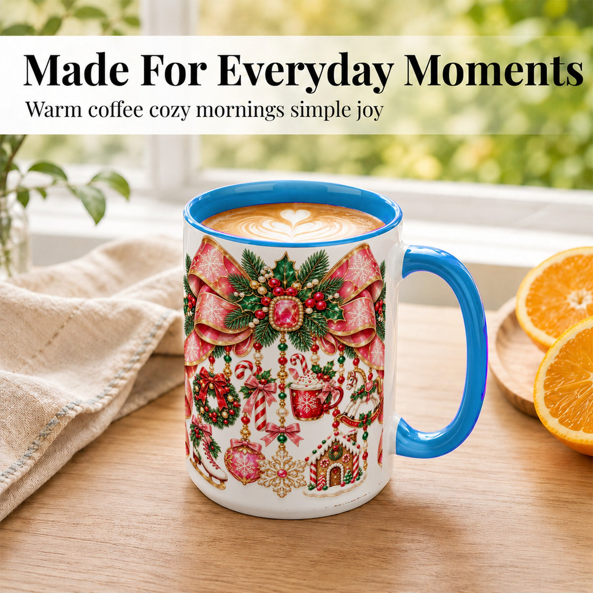 #pl[15oz|Blue] Christmas Ribbon Coffee Mug, Hanging Ornament Mug, Ceramic Cup