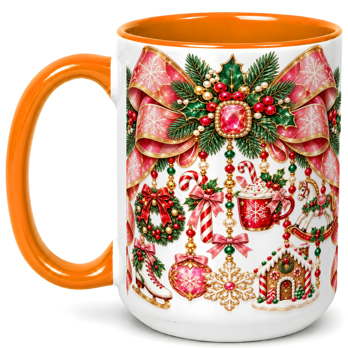 #pl[15oz|Orange] Christmas Ribbon Coffee Mug, Hanging Ornament Mug, Ceramic Cup