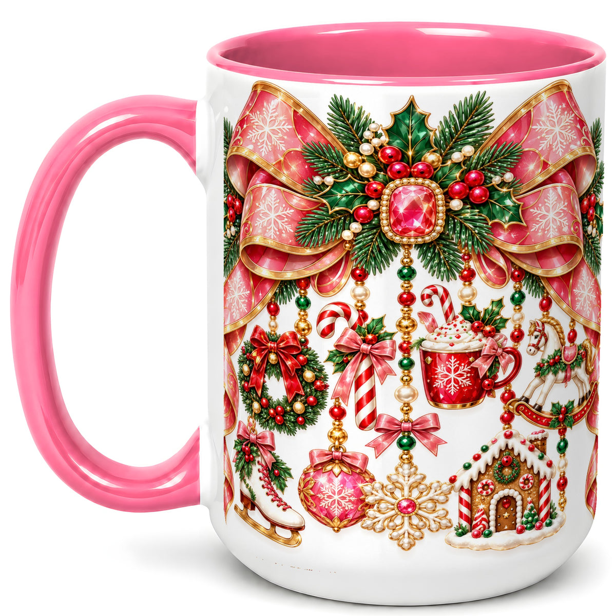 #pl[15oz|Pink] Christmas Ribbon Coffee Mug, Hanging Ornament Mug, Ceramic Cup