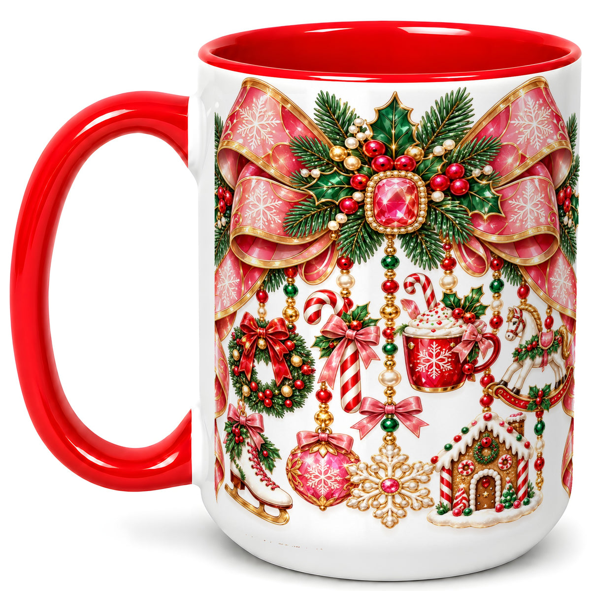 #pl[15oz|Red] Christmas Ribbon Coffee Mug, Hanging Ornament Mug, Ceramic Cup