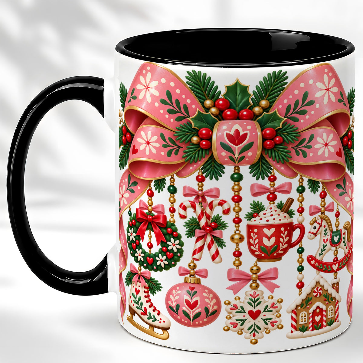 #pl[11oz|Black] Pink Christmas Bow Coffee Mug, Nordic Holiday Mug, Ceramic Cup