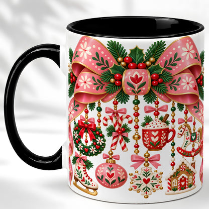 #pl[11oz|Black] Pink Christmas Bow Coffee Mug, Nordic Holiday Mug, Ceramic Cup