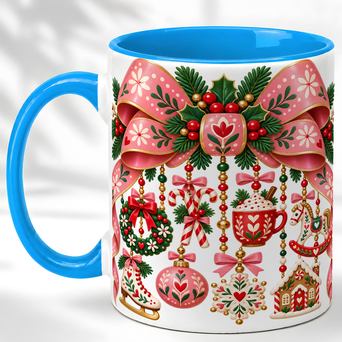 #pl[11oz|Blue] Pink Christmas Bow Coffee Mug, Nordic Holiday Mug, Ceramic Cup