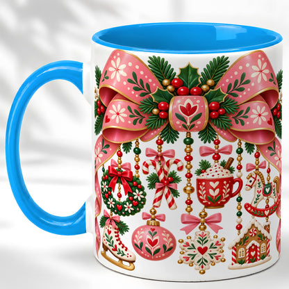 #pl[11oz|Blue] Pink Christmas Bow Coffee Mug, Nordic Holiday Mug, Ceramic Cup
