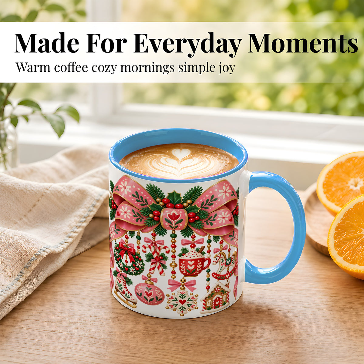 #pl[11oz|Blue] Pink Christmas Bow Coffee Mug, Nordic Holiday Mug, Ceramic Cup