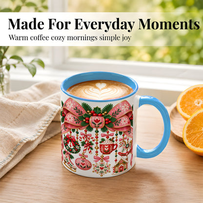 #pl[11oz|Blue] Pink Christmas Bow Coffee Mug, Nordic Holiday Mug, Ceramic Cup