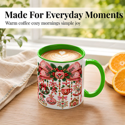 #pl[11oz|Green] Pink Christmas Bow Coffee Mug, Nordic Holiday Mug, Ceramic Cup