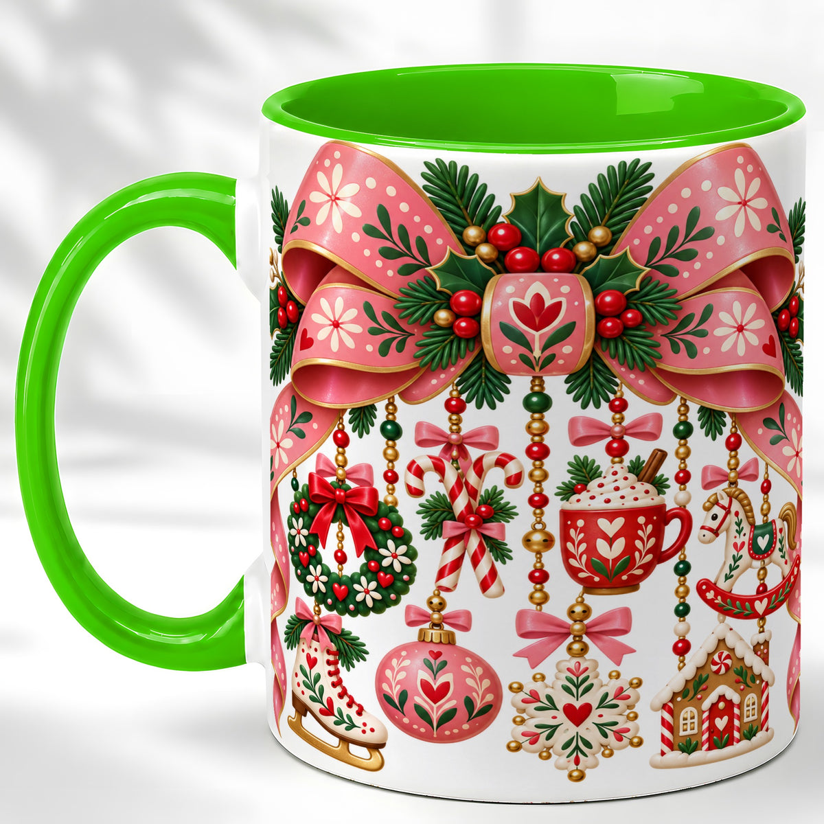 #pl[11oz|Green] Pink Christmas Bow Coffee Mug, Nordic Holiday Mug, Ceramic Cup