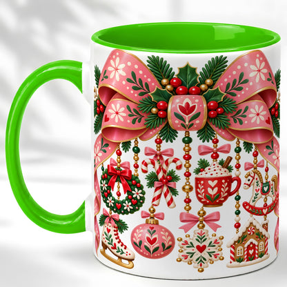 #pl[11oz|Green] Pink Christmas Bow Coffee Mug, Nordic Holiday Mug, Ceramic Cup