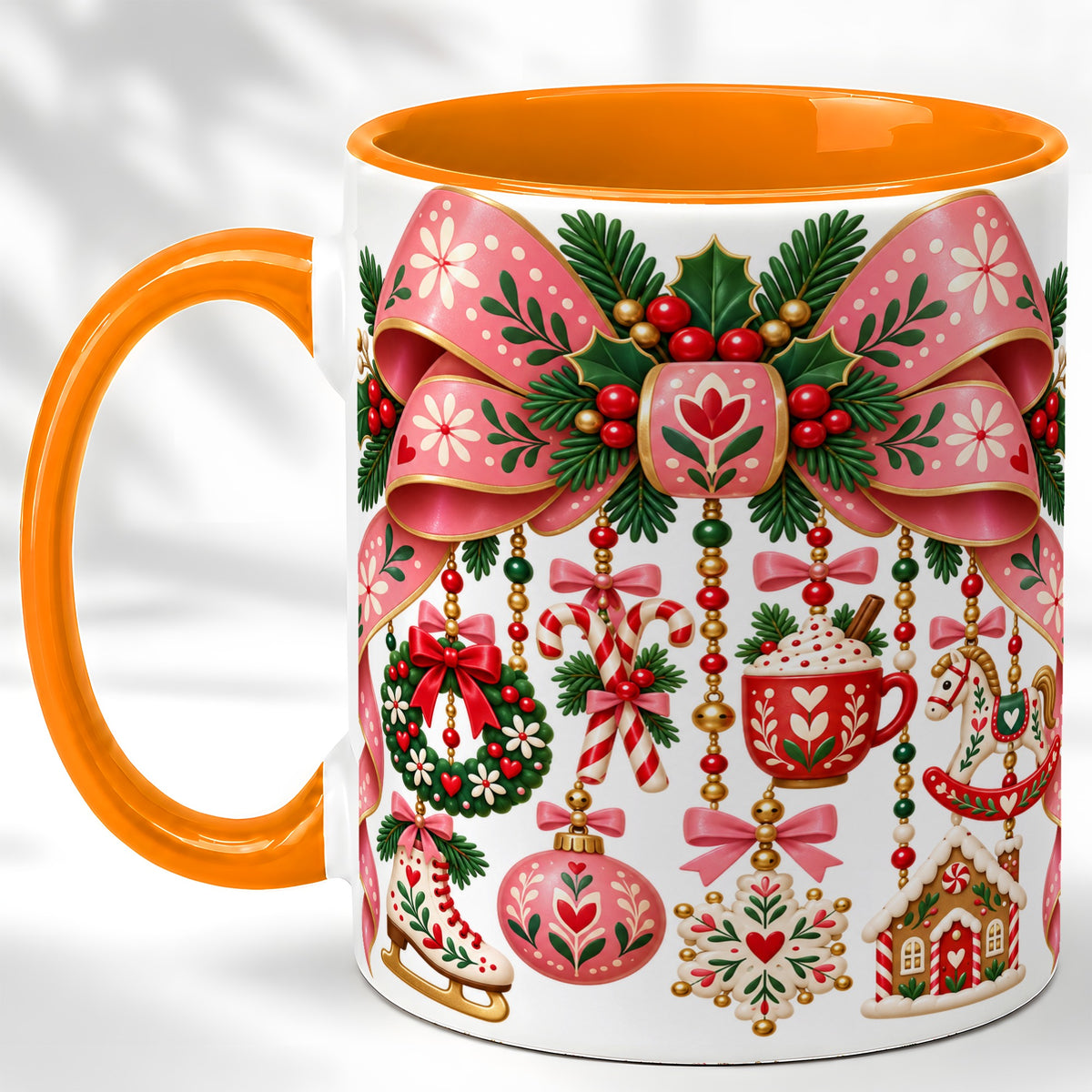 #pl[11oz|Orange] Pink Christmas Bow Coffee Mug, Nordic Holiday Mug, Ceramic Cup