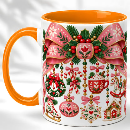 #pl[11oz|Orange] Pink Christmas Bow Coffee Mug, Nordic Holiday Mug, Ceramic Cup