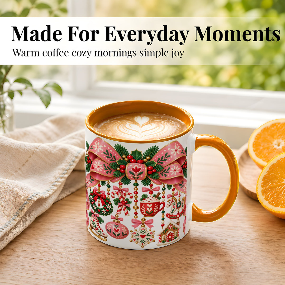 #pl[11oz|Orange] Pink Christmas Bow Coffee Mug, Nordic Holiday Mug, Ceramic Cup