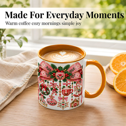 #pl[11oz|Orange] Pink Christmas Bow Coffee Mug, Nordic Holiday Mug, Ceramic Cup