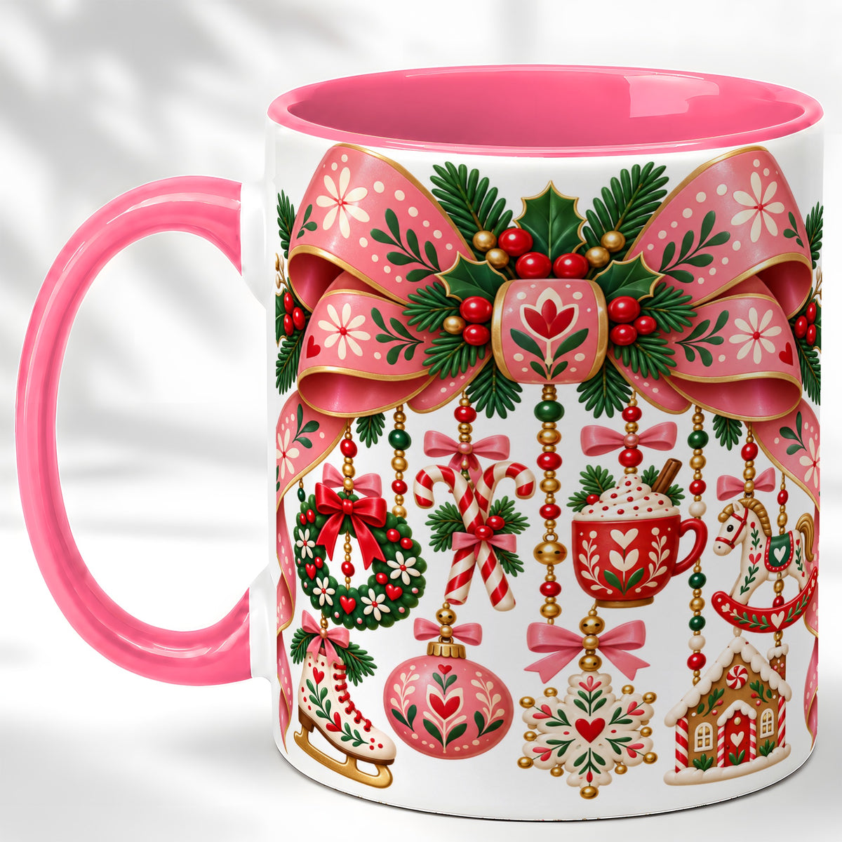 #pl[11oz|Pink] Pink Christmas Bow Coffee Mug, Nordic Holiday Mug, Ceramic Cup