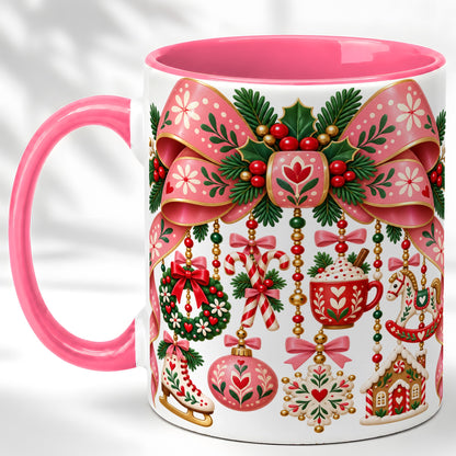 #pl[11oz|Pink] Pink Christmas Bow Coffee Mug, Nordic Holiday Mug, Ceramic Cup