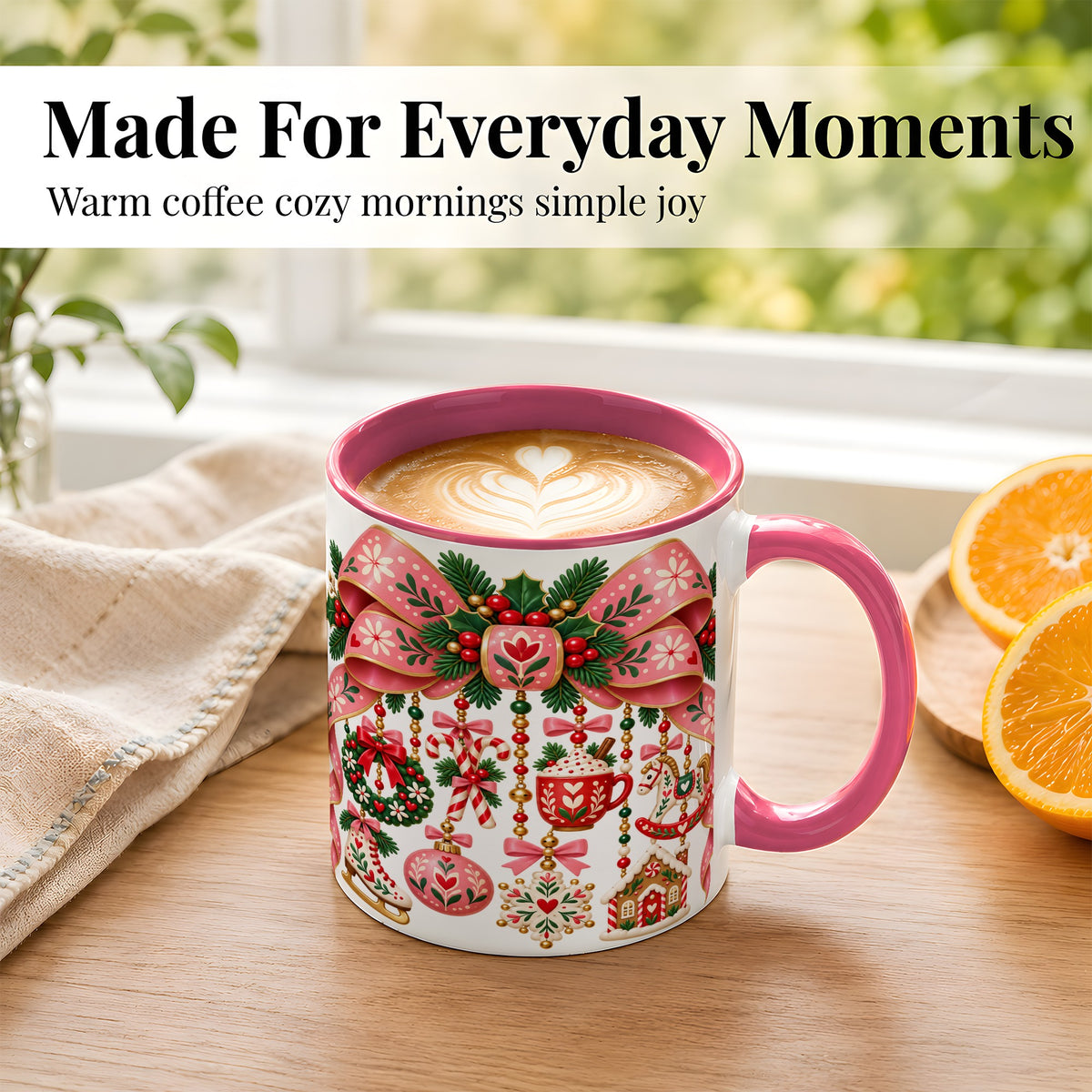 #pl[11oz|Pink] Pink Christmas Bow Coffee Mug, Nordic Holiday Mug, Ceramic Cup