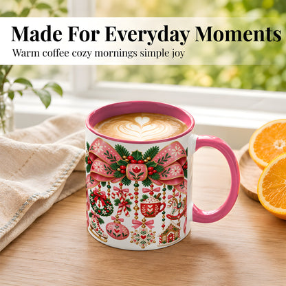 #pl[11oz|Pink] Pink Christmas Bow Coffee Mug, Nordic Holiday Mug, Ceramic Cup