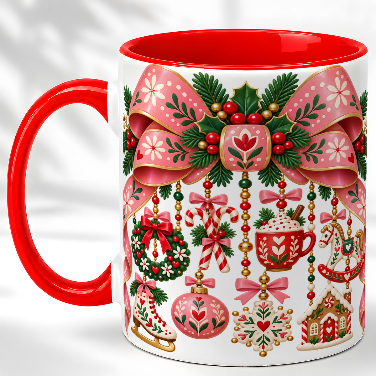 Pink Christmas Bow Coffee Mug, Nordic Holiday Mug, Ceramic Cup