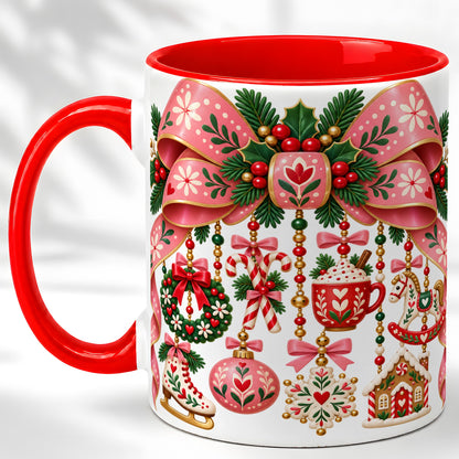 Pink Christmas Bow Coffee Mug, Nordic Holiday Mug, Ceramic Cup