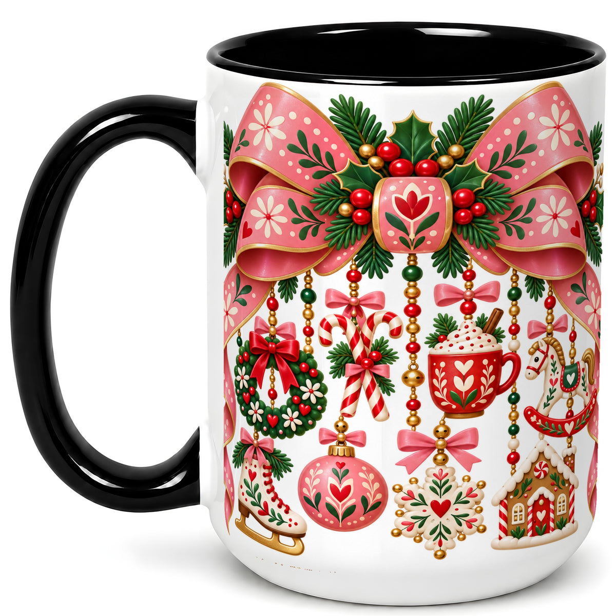#pl[15oz|Black] Pink Christmas Bow Coffee Mug, Nordic Holiday Mug, Ceramic Cup