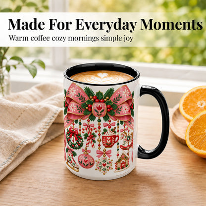 #pl[15oz|Black] Pink Christmas Bow Coffee Mug, Nordic Holiday Mug, Ceramic Cup