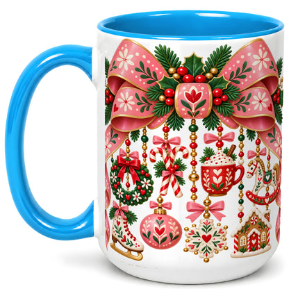 #pl[15oz|Blue] Pink Christmas Bow Coffee Mug, Nordic Holiday Mug, Ceramic Cup