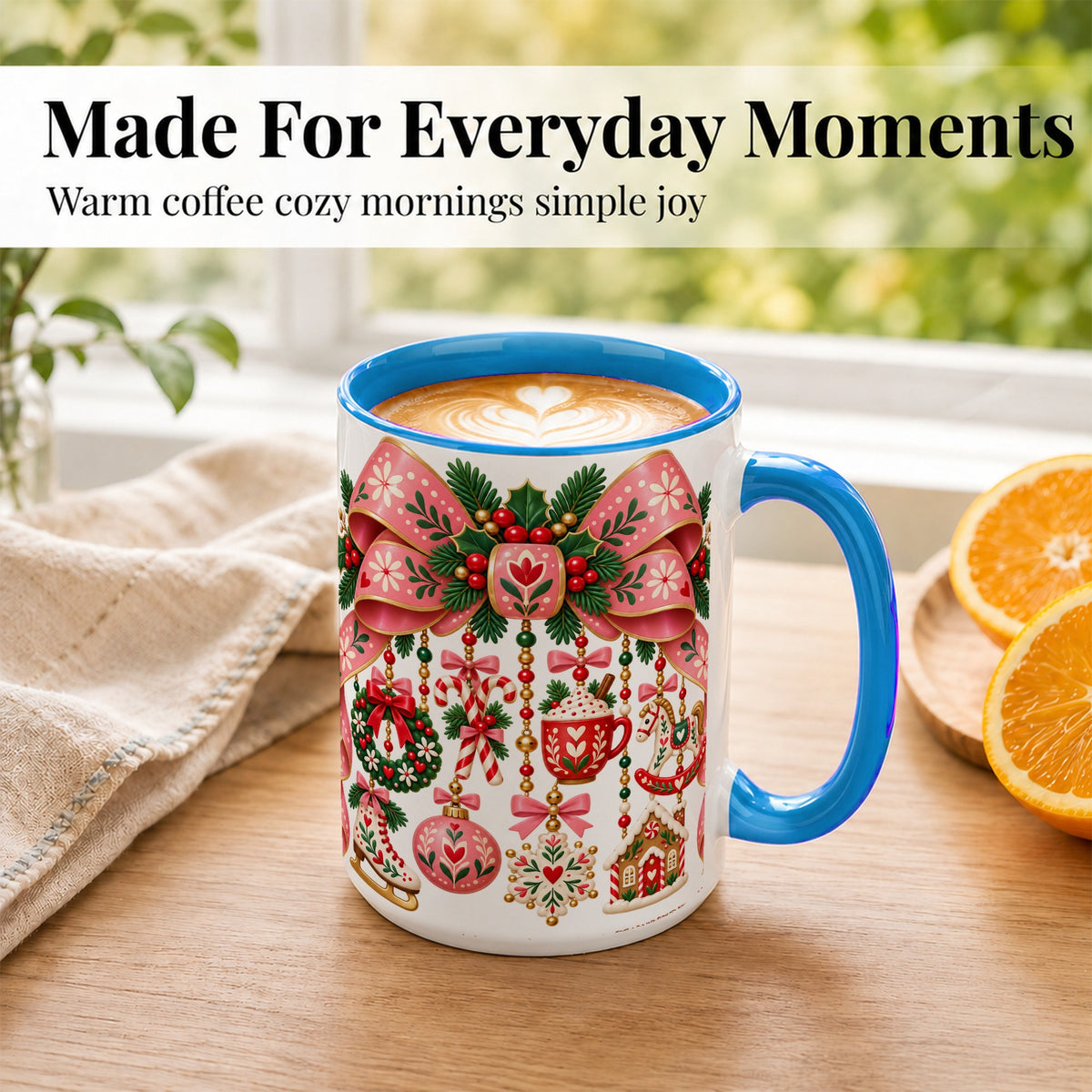#pl[15oz|Blue] Pink Christmas Bow Coffee Mug, Nordic Holiday Mug, Ceramic Cup