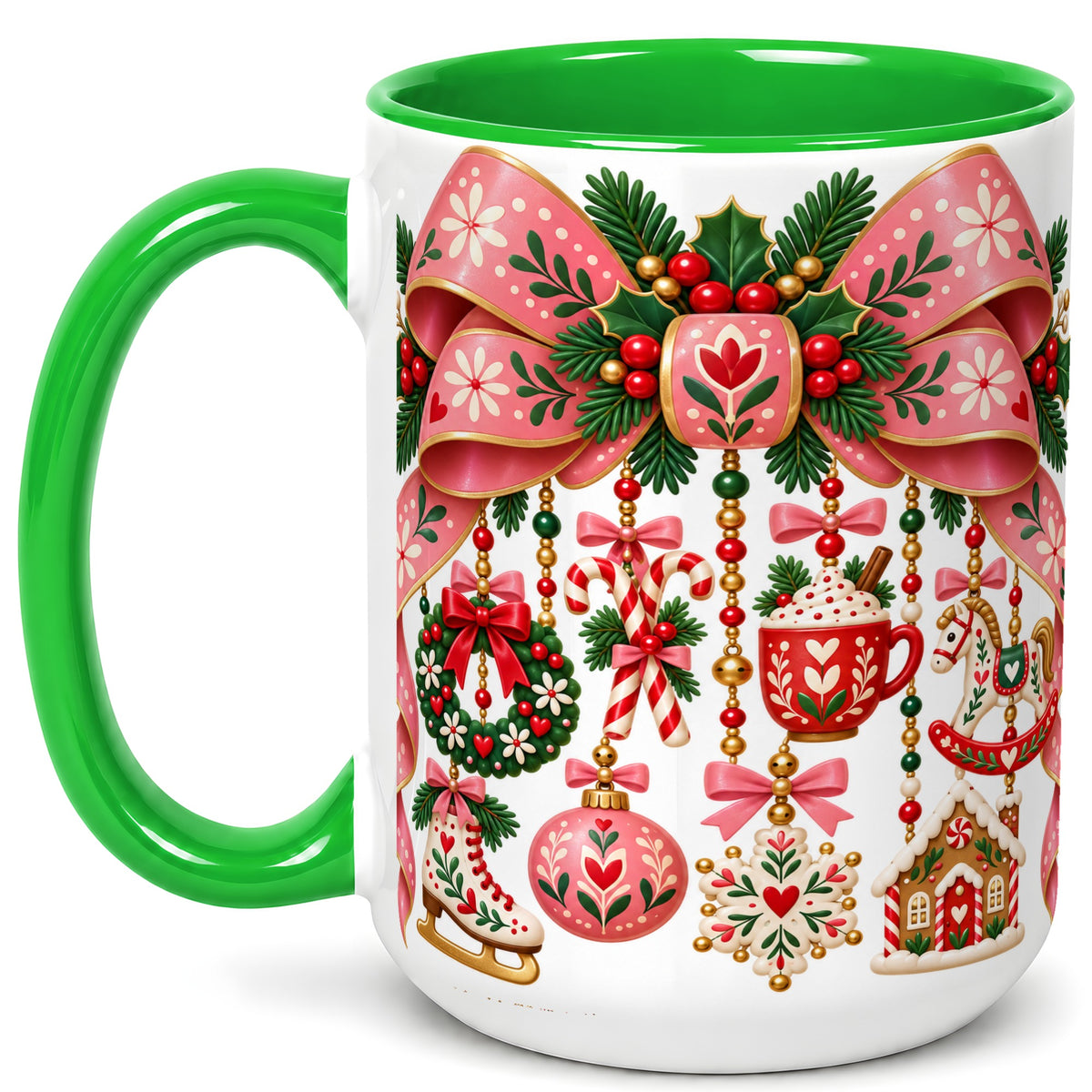 #pl[15oz|Green] Pink Christmas Bow Coffee Mug, Nordic Holiday Mug, Ceramic Cup