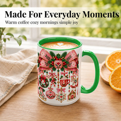 #pl[15oz|Green] Pink Christmas Bow Coffee Mug, Nordic Holiday Mug, Ceramic Cup
