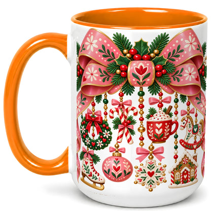 #pl[15oz|Orange] Pink Christmas Bow Coffee Mug, Nordic Holiday Mug, Ceramic Cup