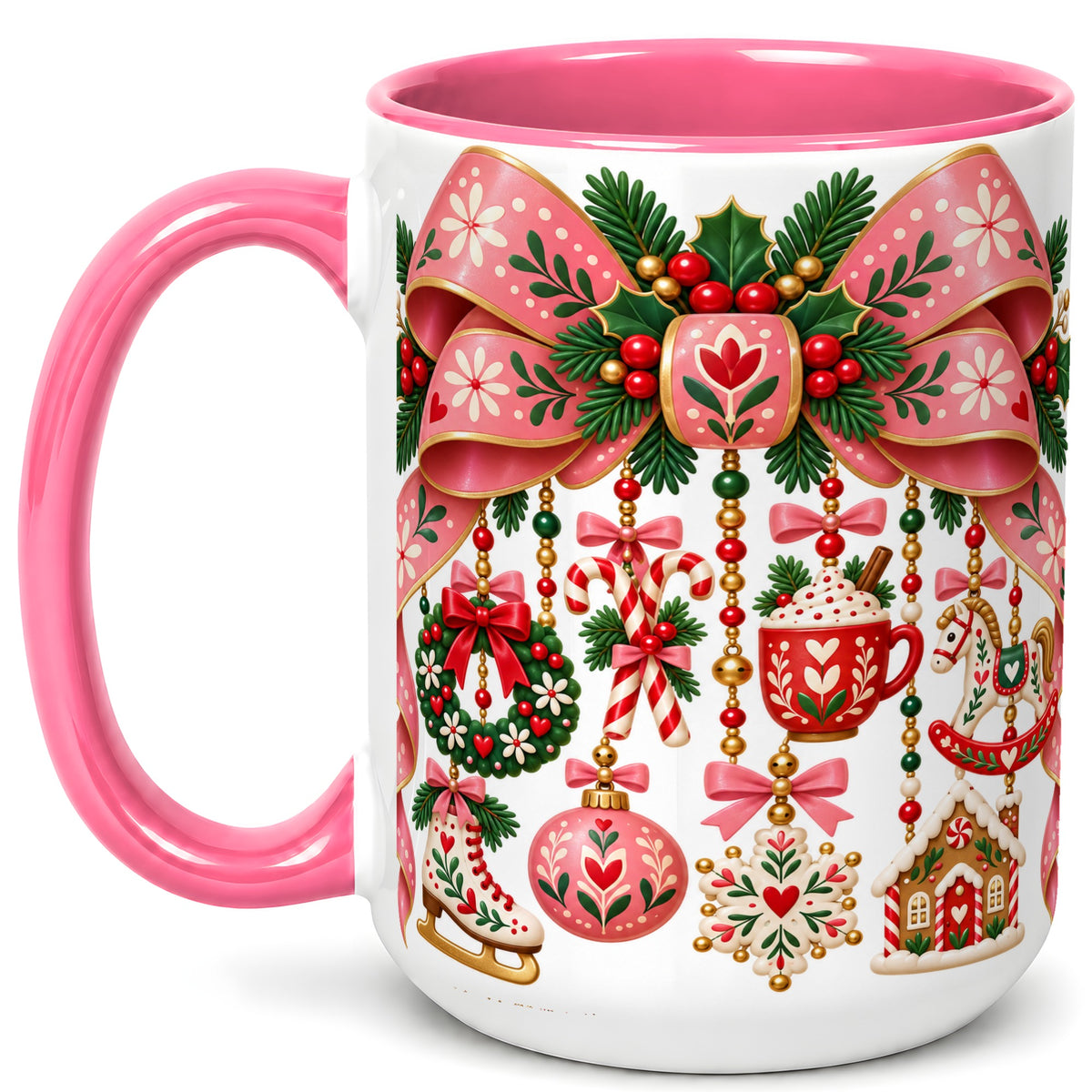 #pl[15oz|Pink] Pink Christmas Bow Coffee Mug, Nordic Holiday Mug, Ceramic Cup