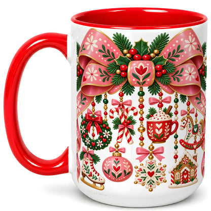 #pl[15oz|Red] Pink Christmas Bow Coffee Mug, Nordic Holiday Mug, Ceramic Cup