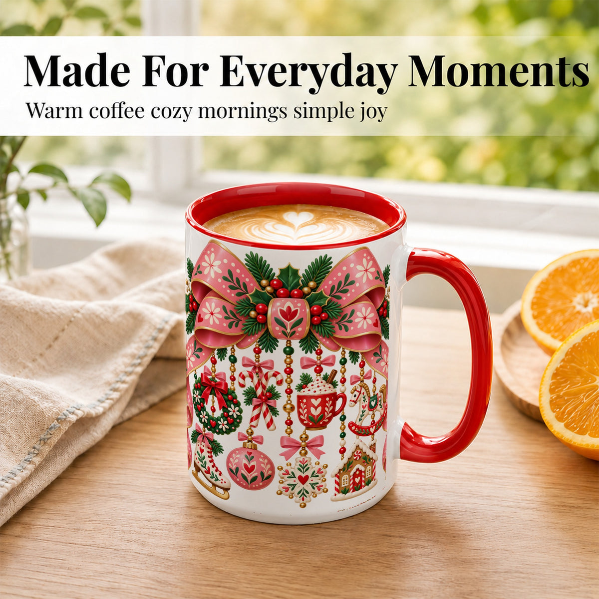 #pl[15oz|Red] Pink Christmas Bow Coffee Mug, Nordic Holiday Mug, Ceramic Cup
