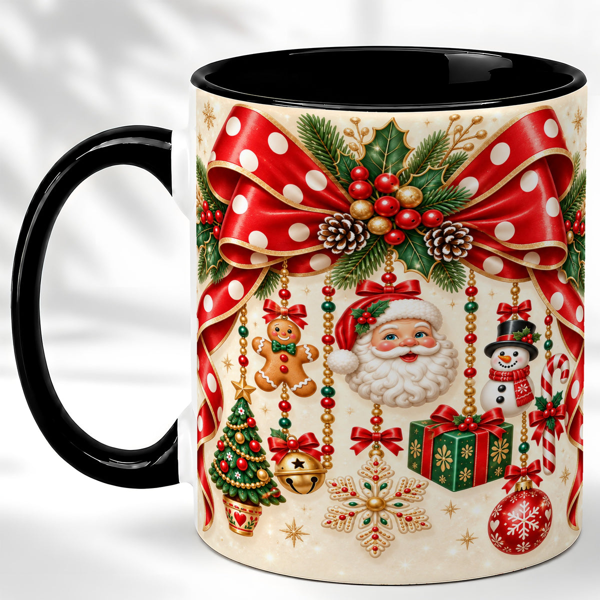 #pl[11oz|Black] Christmas Polka Dot Coffee Mug, Santa Holiday Mug, Ceramic Cup