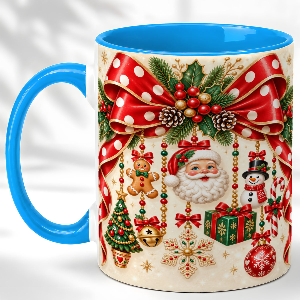 #pl[11oz|Blue] Christmas Polka Dot Coffee Mug, Santa Holiday Mug, Ceramic Cup
