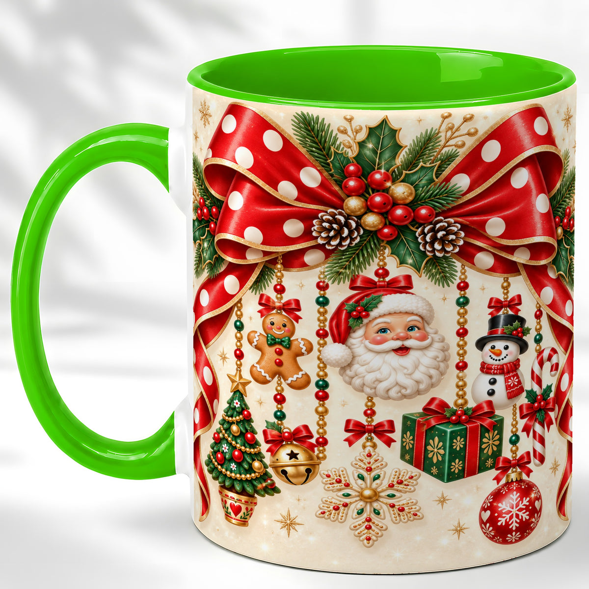 #pl[11oz|Green] Christmas Polka Dot Coffee Mug, Santa Holiday Mug, Ceramic Cup