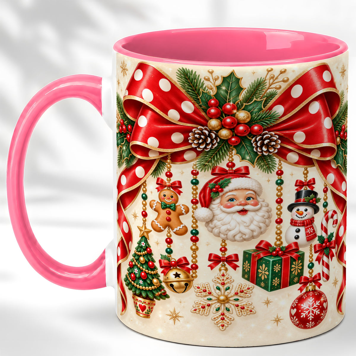 #pl[11oz|Pink] Christmas Polka Dot Coffee Mug, Santa Holiday Mug, Ceramic Cup