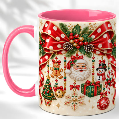 #pl[11oz|Pink] Christmas Polka Dot Coffee Mug, Santa Holiday Mug, Ceramic Cup