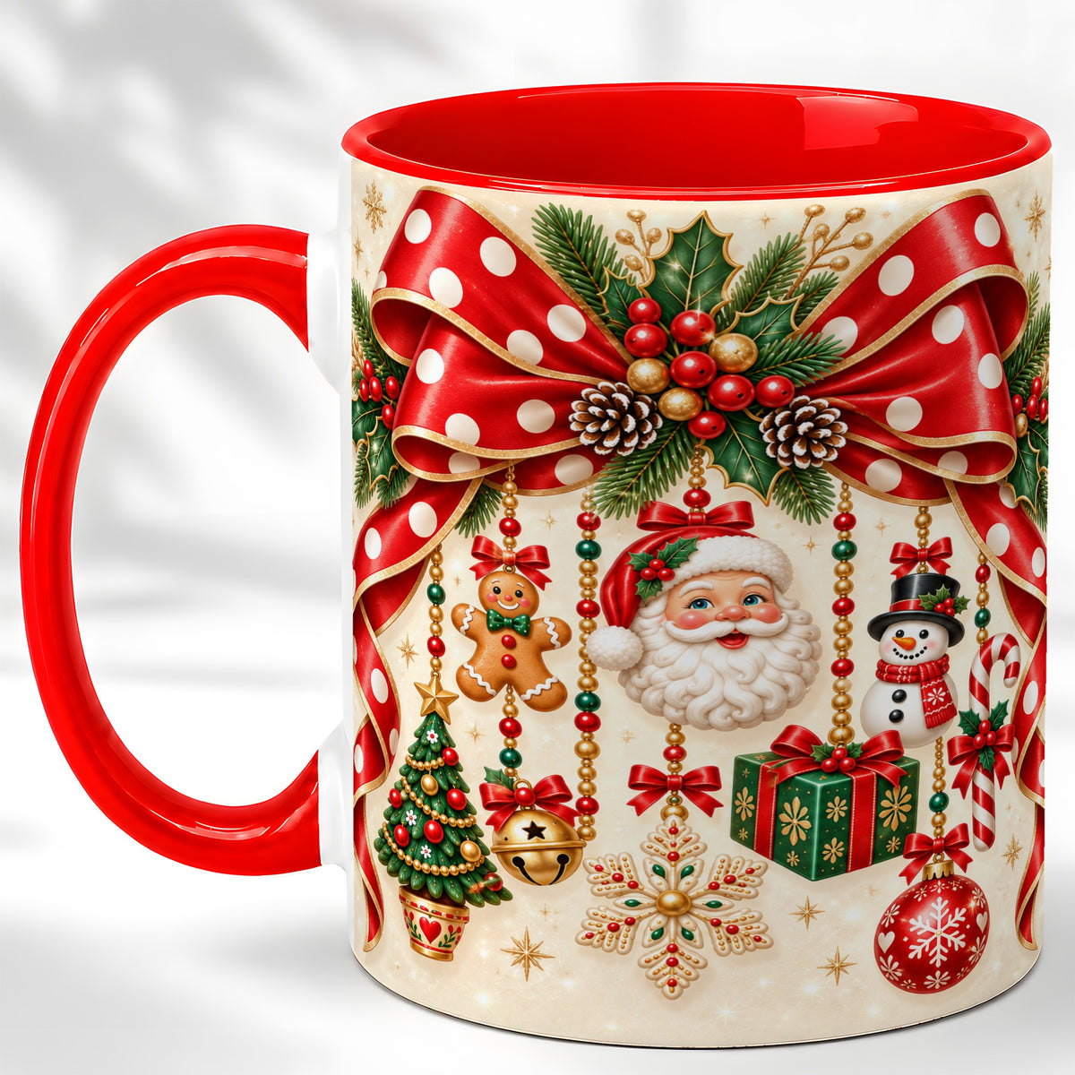 Christmas Polka Dot Coffee Mug, Santa Holiday Mug, Ceramic Cup