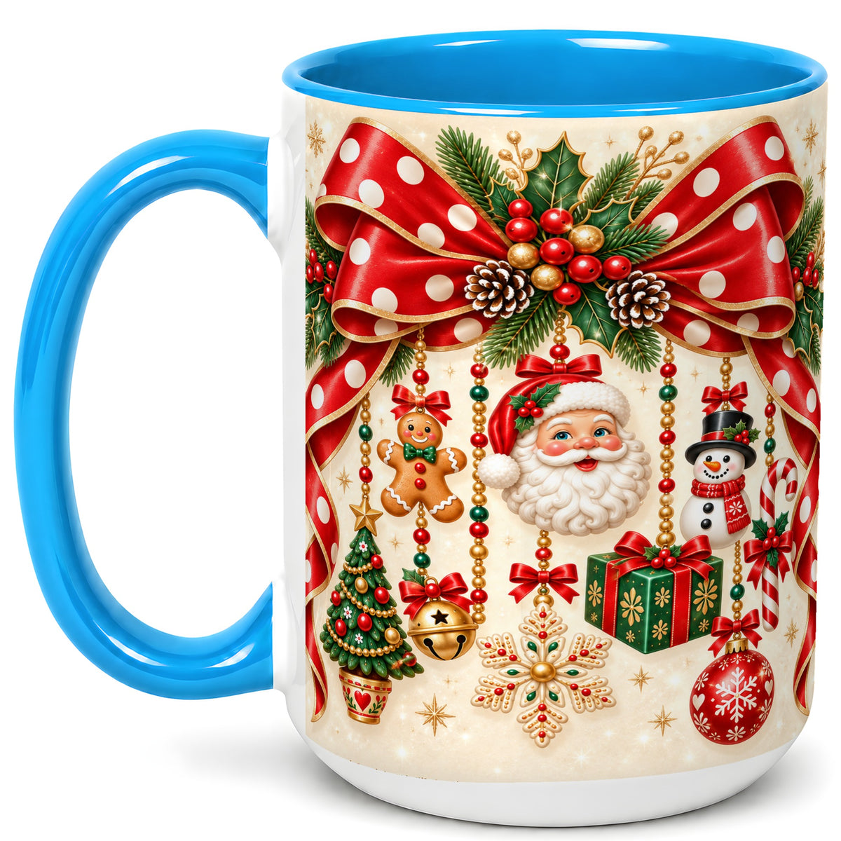 #pl[15oz|Blue] Christmas Polka Dot Coffee Mug, Santa Holiday Mug, Ceramic Cup