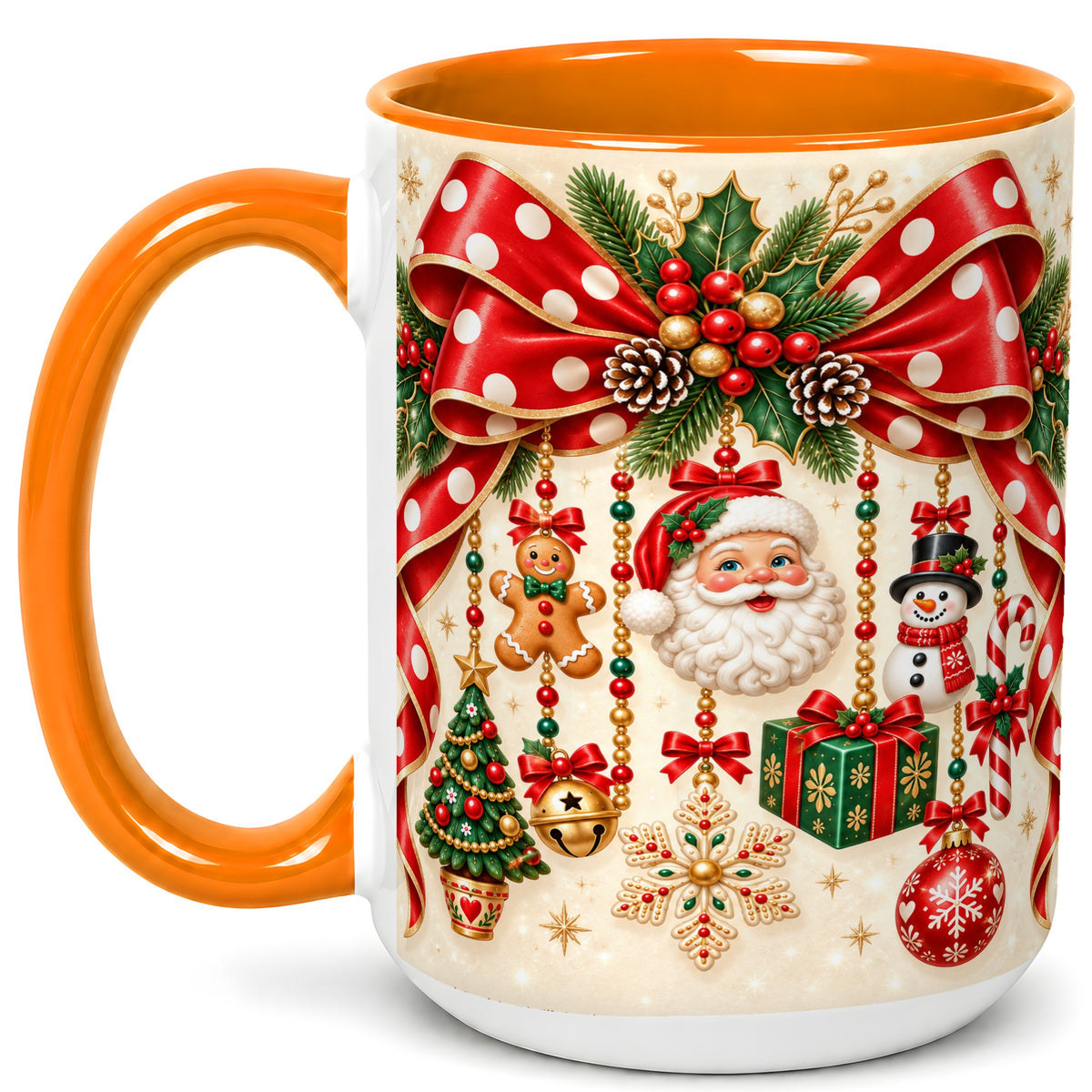 #pl[15oz|Orange] Christmas Polka Dot Coffee Mug, Santa Holiday Mug, Ceramic Cup
