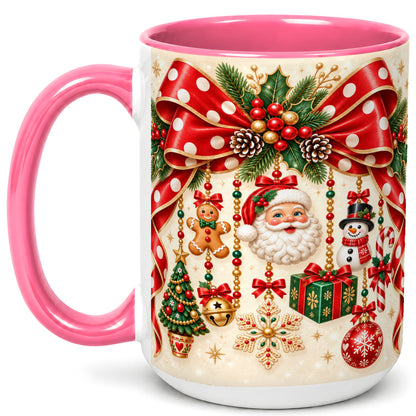 #pl[15oz|Pink] Christmas Polka Dot Coffee Mug, Santa Holiday Mug, Ceramic Cup