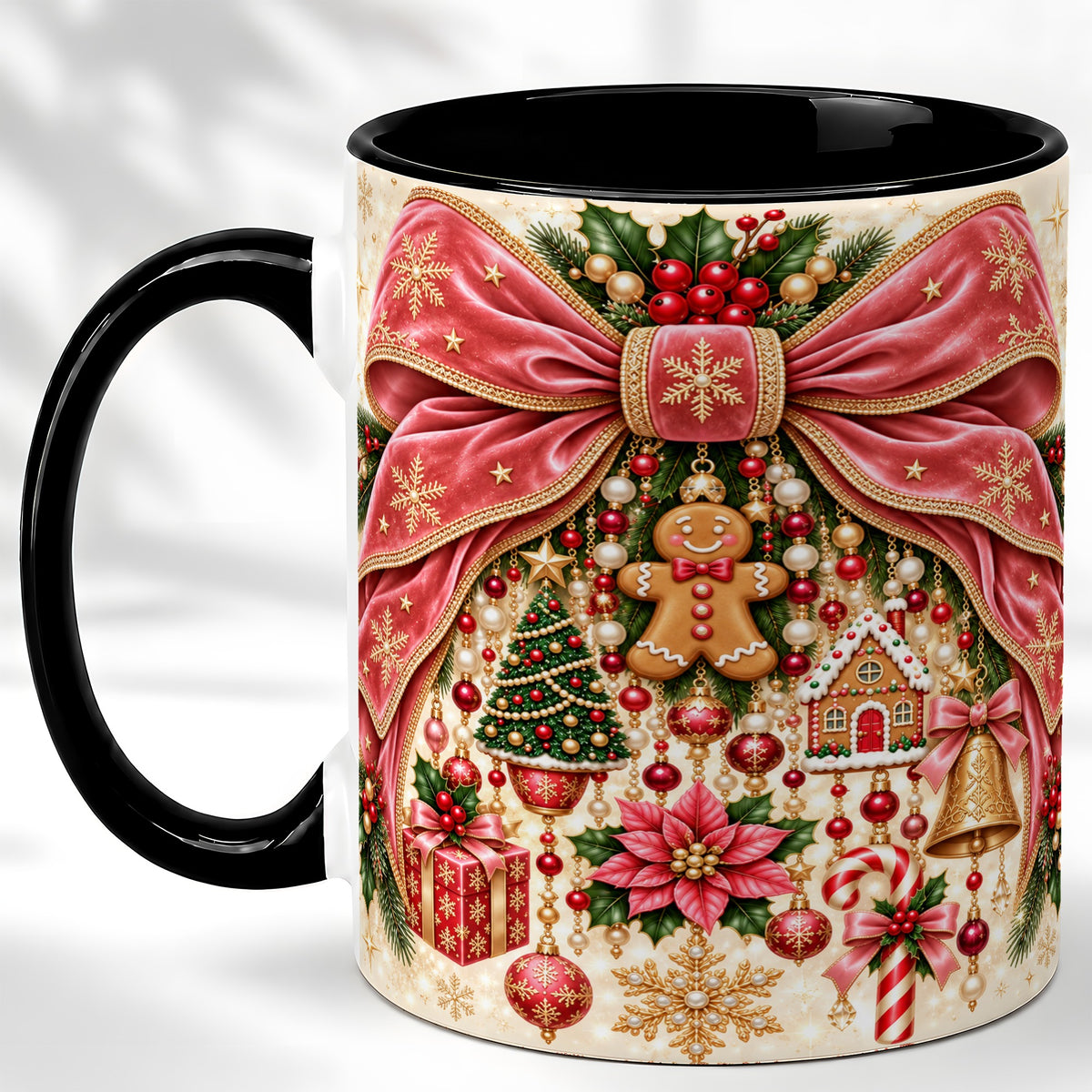#pl[11oz|Black] Christmas Bow Coffee Mug, Festive Ribbon Mug, Ceramic Cup